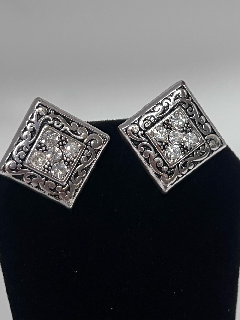 Silver-Tone Square Filigree Crystal Stud Earrings - Silver